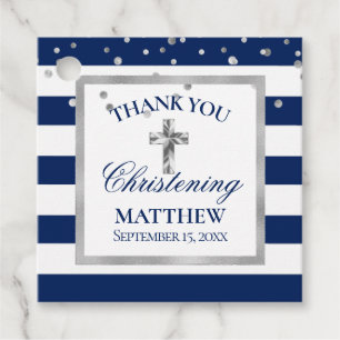 Zilveren Marine Blauwe Strepen Doopceremonie Jonge Bedankjes Labels