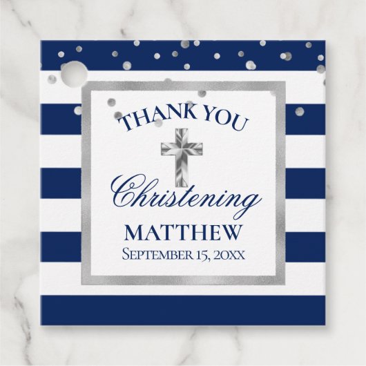 Zilveren Marine Blauwe Strepen Doopceremonie Jonge Bedankjes Labels (Voorkant)