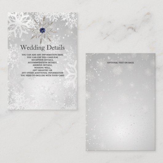 zilveren marine sneeuwvlokken winter bruiloft Deta Informatiekaartje (Voorkant / Achterkant)
