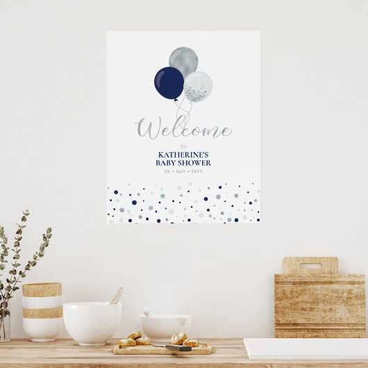 Zilveren & marineblauwe ballonnen | Baby shower We Poster (Keuken)