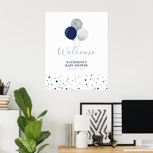 Zilveren & marineblauwe ballonnen | Baby shower We Poster (Thuiskantoor)