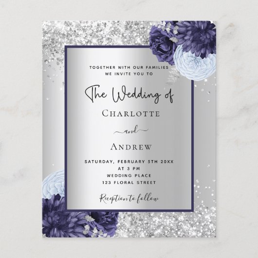 Zilveren marineblauwe bloem budget bruiloft uitnod flyer (Voorkant)