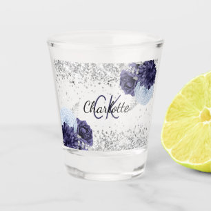 Zilveren marineblauwe bloemen elegante monogramnaa shot glas