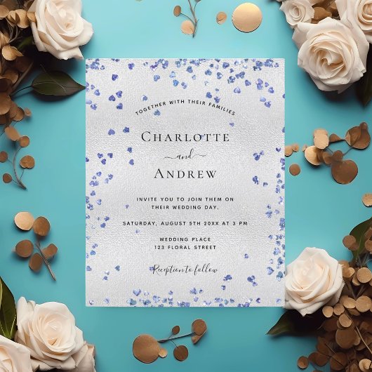 Zilveren marineblauwe harten huwelijksuitnodiging