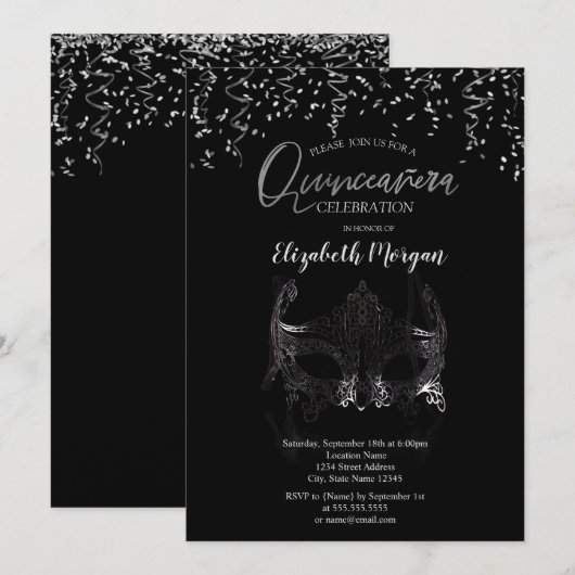 Zilveren Masker, Confetti Maskerade Quinceañera Kaart (Voorkant / Achterkant)