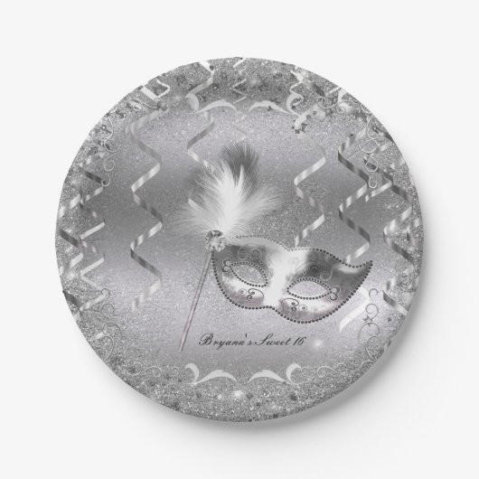 Zilveren Masker Elegante Bal Verjaardagsfeestje Papieren Bordje (Voorkant)