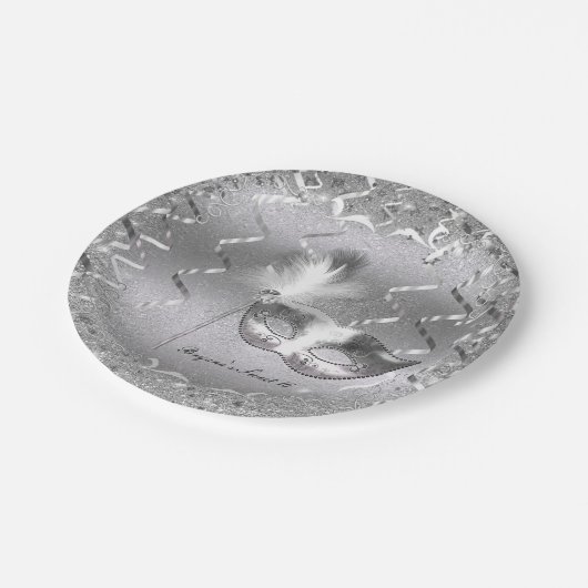 Zilveren Masker Elegante Bal Verjaardagsfeestje Papieren Bordje (Gekanteld)