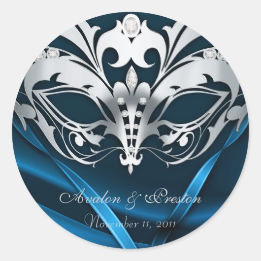 Zilveren Masquerade Blauw Bruiloft Sticker (Voorkant)
