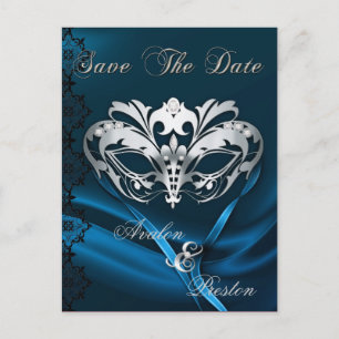 Zilveren Masquerade Blauw Juweel Bewaar de datum Aankondigingskaart