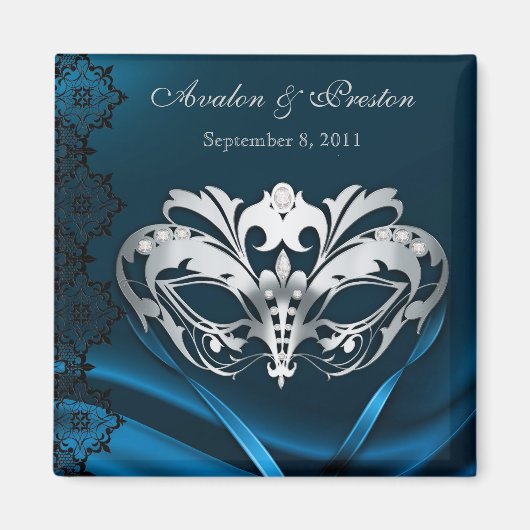 Zilveren Masquerade Blauw Save The Date Magnet (Voorkant)