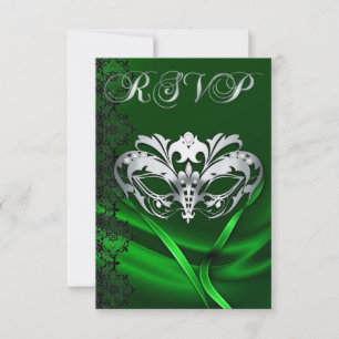 Zilveren Masquerade Groen Gejewelde RSVP Uitnodigi Kaartje