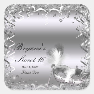 Zilveren Masquerade Masker Elegant Bal Verjaardags Vierkante Sticker