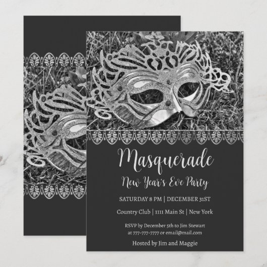 Zilveren Masquerade Nieuwjaarsfeest Uitnodiging (Voorkant / Achterkant)