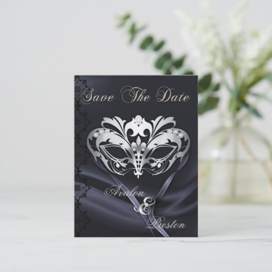 Zilveren Masquerade Zwart Juweel Save The Date Aankondigingskaart (Staand voorkant)