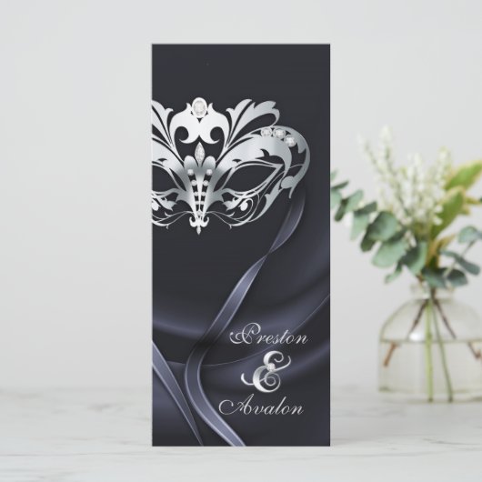 Zilveren Masquerade Zwart Juwelen Trouwprogramma Programmakaart (Staand voorkant)