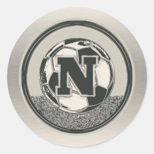 Zilveren Medaille Voetbal Monogram Letter N Ronde Sticker (Voorkant)