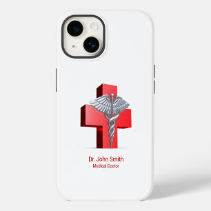 Zilveren Medische 3D Caduceus Kruis Rood iPhone 14 Hoesje