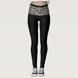 Zilveren Medusa en Griekse Sleutel op Zwart Leggings