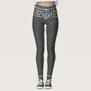 Zilveren Medusa Griekse Sleutel op Grijze Gorgon L Leggings