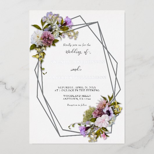 Zilveren Meerkleurige Bloemige Geometrische Trouwf Folie Uitnodiging (Voorkant)