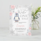 Zilveren Meisje Pinguïn Winter Onederland Verjaard Kaart (Staand voorkant)
