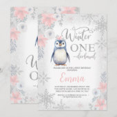 Zilveren Meisje Pinguïn Winter Onederland Verjaard Kaart (Voorkant / Achterkant)