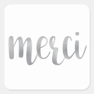 Zilveren merci stickers, dank u, folie lettertype vierkante sticker