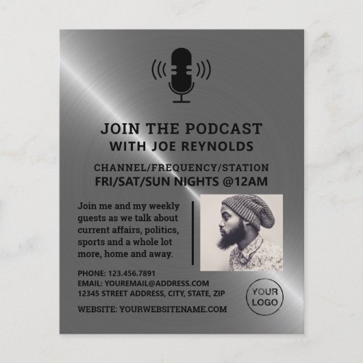Zilveren Metaal Effect, Podcaster, Podcast Flyer (Voorkant)