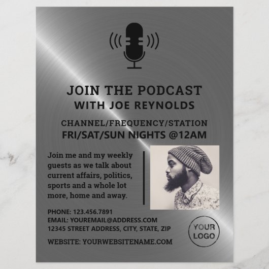 Zilveren Metaal Effect, Podcaster, Podcast Flyer (Voorkant)