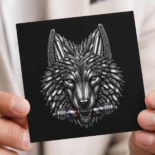 Zilveren Metaal Scheermes Wolf Kapper Logo Kapperz Vierkante Visitekaartje