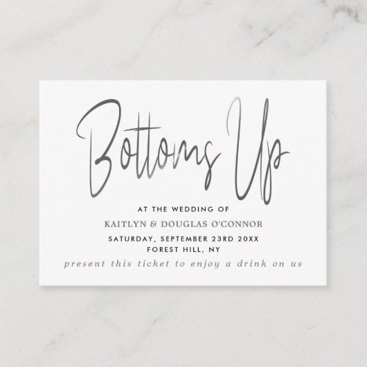 Zilveren metalen effect script stijl gratis drankk informatiekaartje (Voorkant)