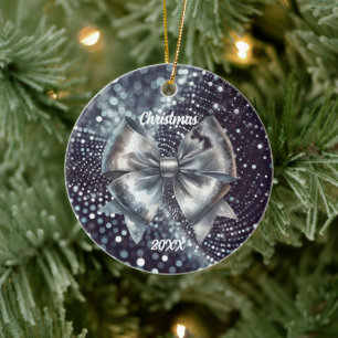 Zilveren Metallic Strik Accent Lichtjaar Keramisch Ornament