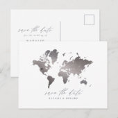 Zilveren metallic wereldkaart bruiloft aankondigin feestdagenkaart (Voorkant / Achterkant)