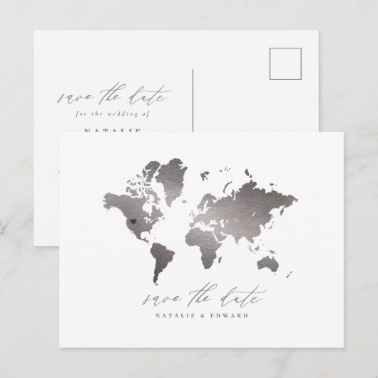 Zilveren metallic wereldkaart bruiloft aankondigin feestdagenkaart (Voorkant / Achterkant)