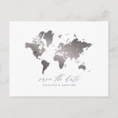 Zilveren metallic wereldkaart bruiloft aankondigin feestdagenkaart (Voorkant)