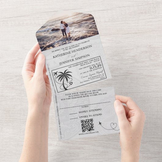 Zilveren Mexico Passport bruiloft All In One Uitnodiging (Afscheurbaar)