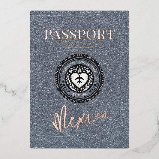 Zilveren Mexico Passport bruiloft Folie Uitnodiging (Voorkant)