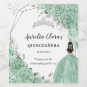 Zilveren Mint Groen Bloemen Quinceañera 16e Verjaa Wijn Etiket (Enkel label)