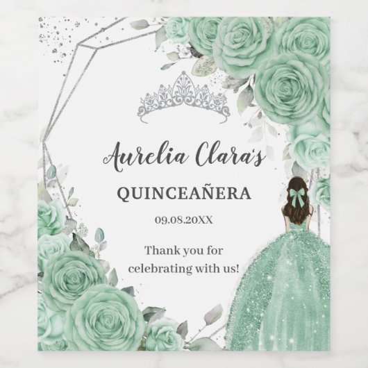 Zilveren Mint Groen Bloemen Quinceañera 16e Verjaa Wijn Etiket (Enkel label)