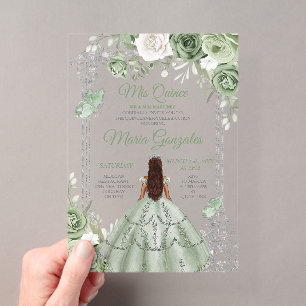 Zilveren Mis Quince Salie Groene Bloemige Quinceañ Acryl Uitnodigingen