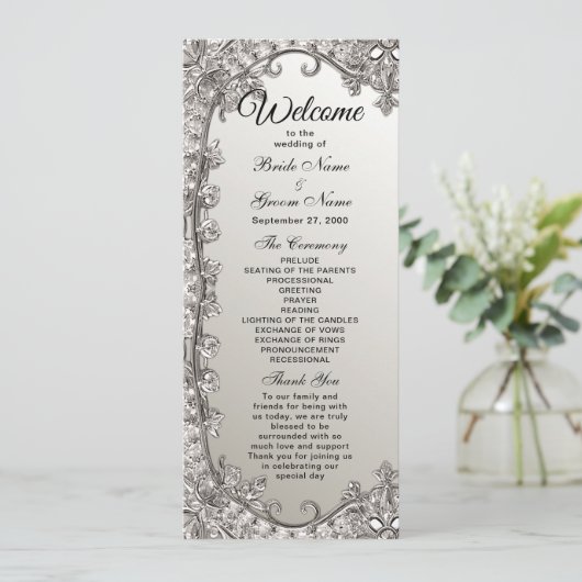 Zilveren  moderne bruiloft programma programmakaart (Staand voorkant)