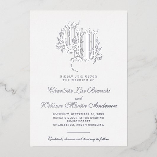 Zilveren Monogram Bruiloft Ice Blue Folie Uitnodiging (Voorkant)