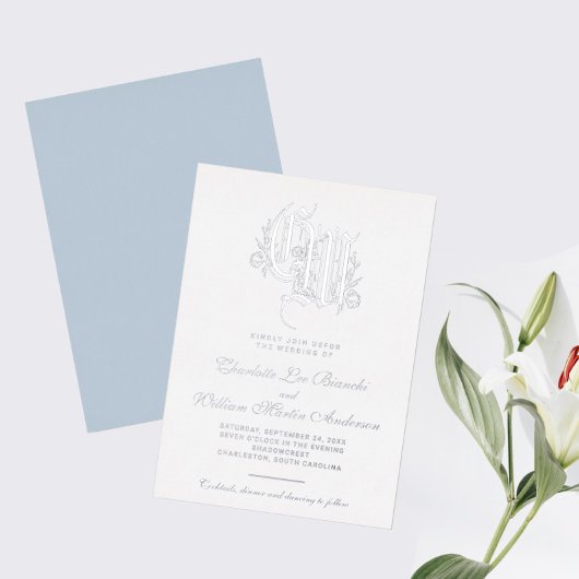 Zilveren Monogram Bruiloft Ice Blue Folie Uitnodiging