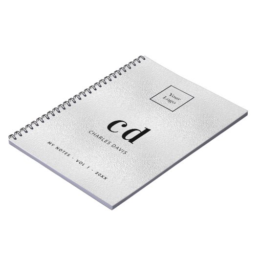 Zilveren monogram initiaal zakelijk logo notitieboek (Linkerzijde)
