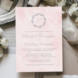 Zilveren Monogram Krans Script Blush Roze Huwelijk Folie Uitnodiging
