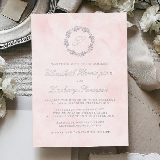 Zilveren Monogram Krans Script Blush Roze Huwelijk Folie Uitnodiging