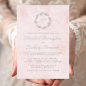 Zilveren Monogram Krans Script Blush Roze Huwelijk Folie Uitnodiging