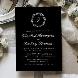 Zilveren Monogram Krans Script Zwart Bruiloft Folie Uitnodiging