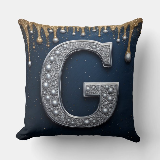 Zilveren Monogram Letter G Marine Goud Druppelend Kussen (Voorkant)