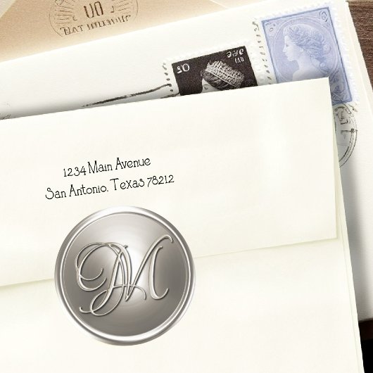 Zilveren Monogram M Enveloppezegel Ronde Sticker